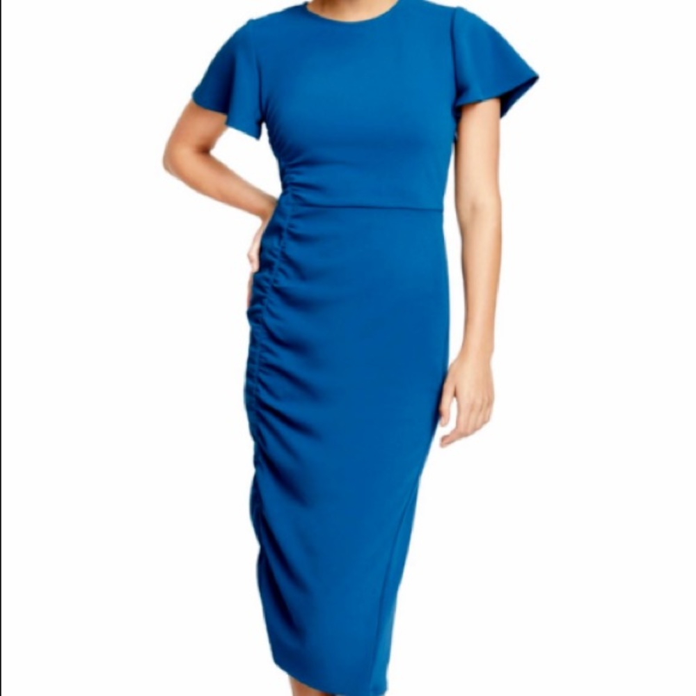 Rachel by Rachel Roy Teal Flutter Sleeve Ruched Midi Cocktail Dress - Size 1X